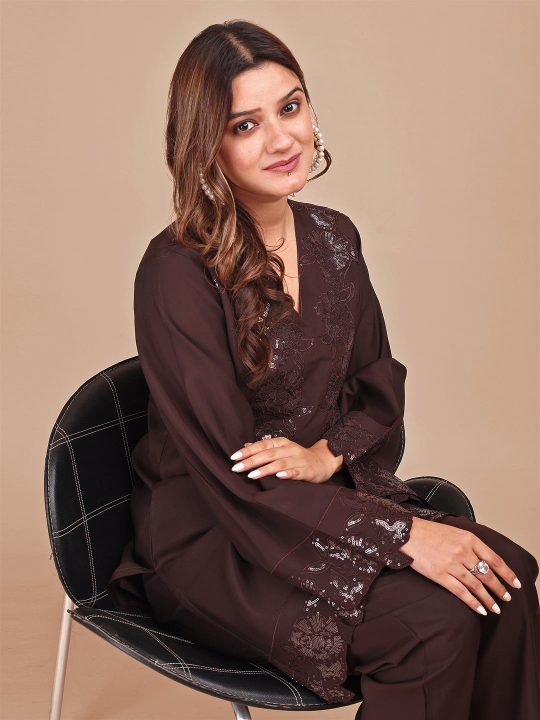 Cocoa Colored Tonal Embroidered Silk Blend Co-ord Set